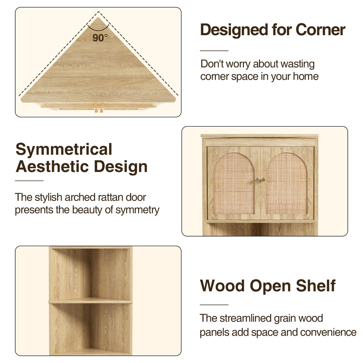 FiveWillowise 67''H Tall Corner Cabinet with Handmade Rattan Door, Rattan Storage Cabinet with Adjustable Shelves, Corner Bookshelf Space Saver for Barthroom, Kitchen, Natural FiveWillowise