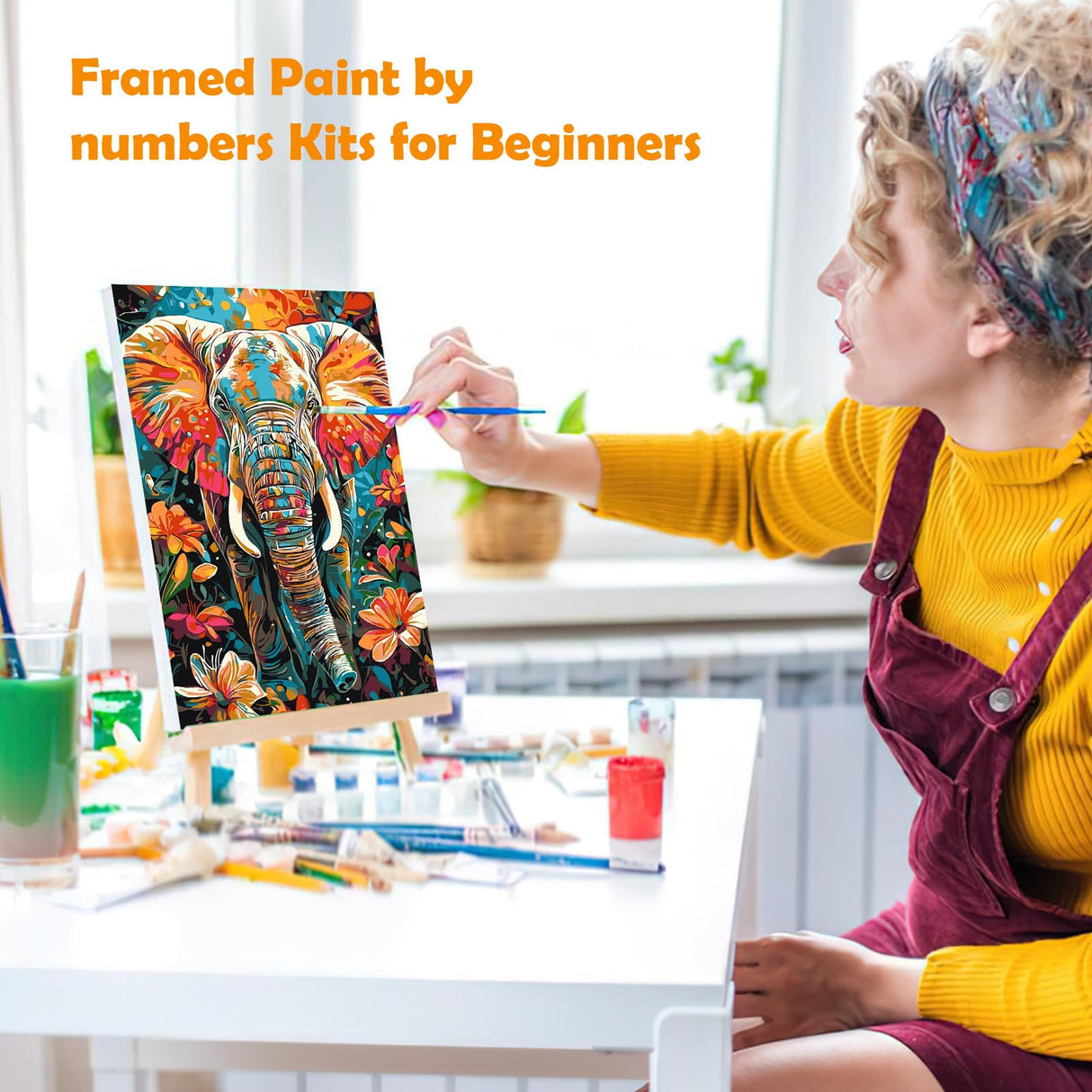 MOGTAA Elephant Paint by Numbers Kit for Adults Beginners with Frame, Flowers Adult Paint by Number Kits on Canvas with Easel, Easy DIY Aniaml Oil Painting Kits for Home Decor, 8x12in MOGTAA