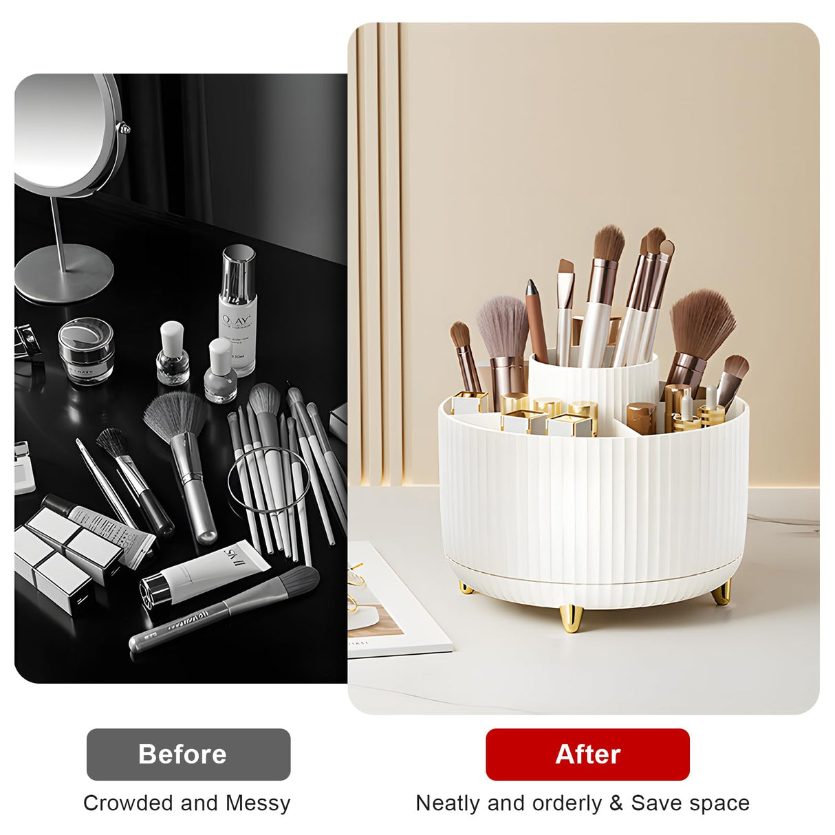Diesisa Makeup Brush Holder Organizer,360° Rotating Makeup Brush Organizer,5 Slot Make up Brushes Cup for Cosmetics, Nail Polish, Art Supply, Bathroom Vanity Desktop Organizer - White Diesisa
