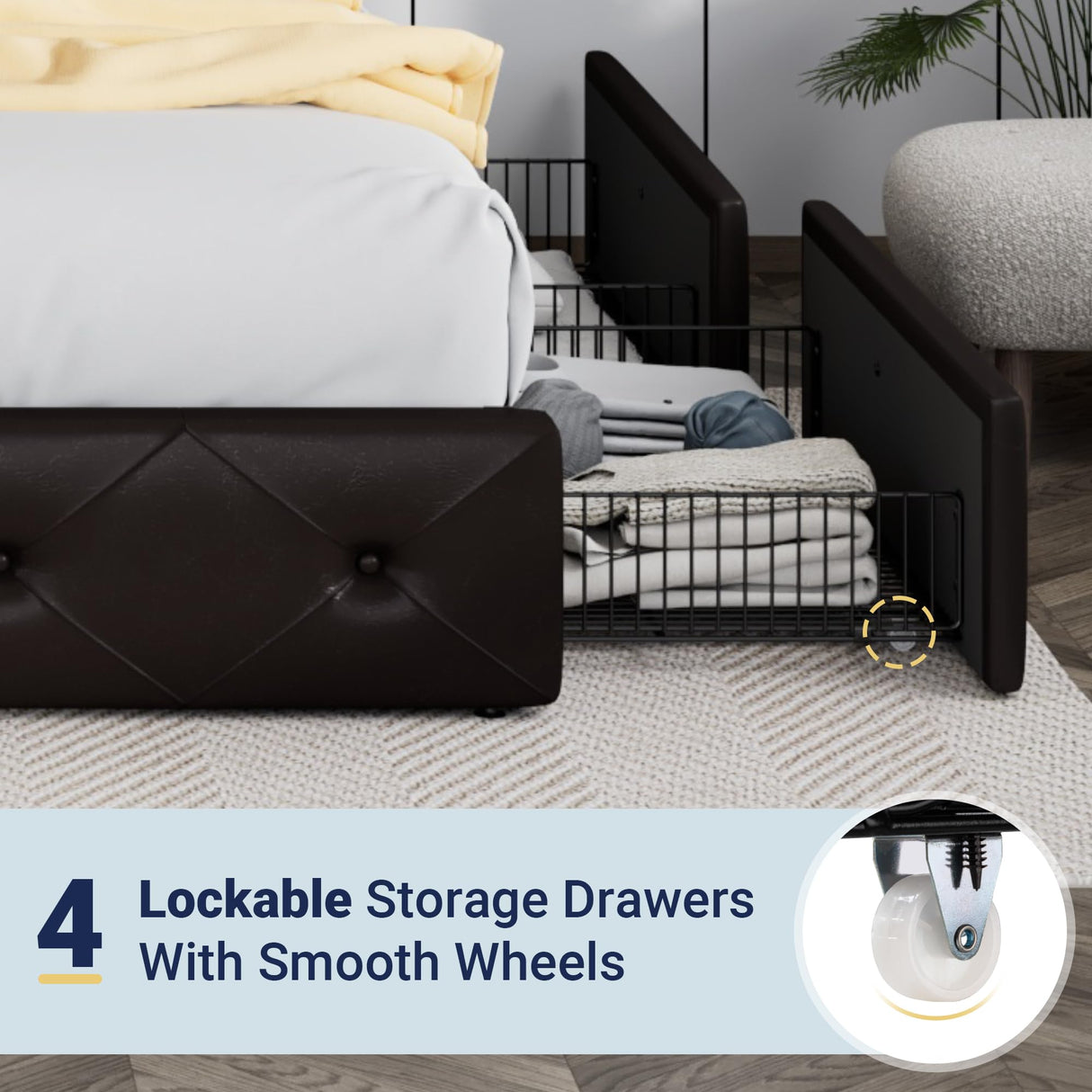 Allewie Upholstered King Size Platform Bed Frame with 4 Storage Drawers and Headboard, Diamond Stitched Button Tufted, Mattress Foundation with Wooden Slats Support, Black Brown Allewie