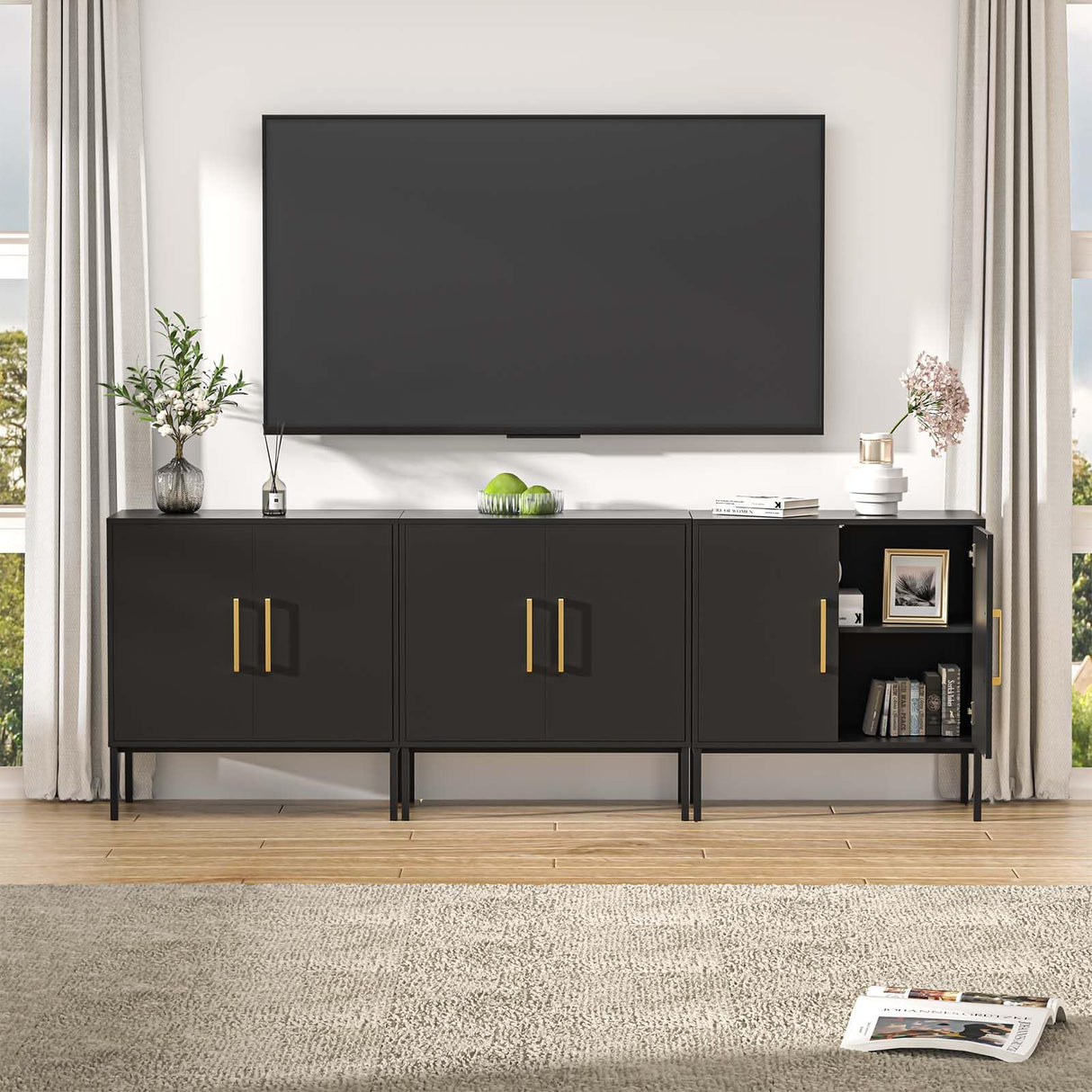 LYNSOM TV Stand for 85 Inch TV, Media Entertainment Center Console Table, 3 Cabinets, TV Console Table with Storage Cabinet for Bedroom, Living Room, Entertainment Room (Black) LYNSOM