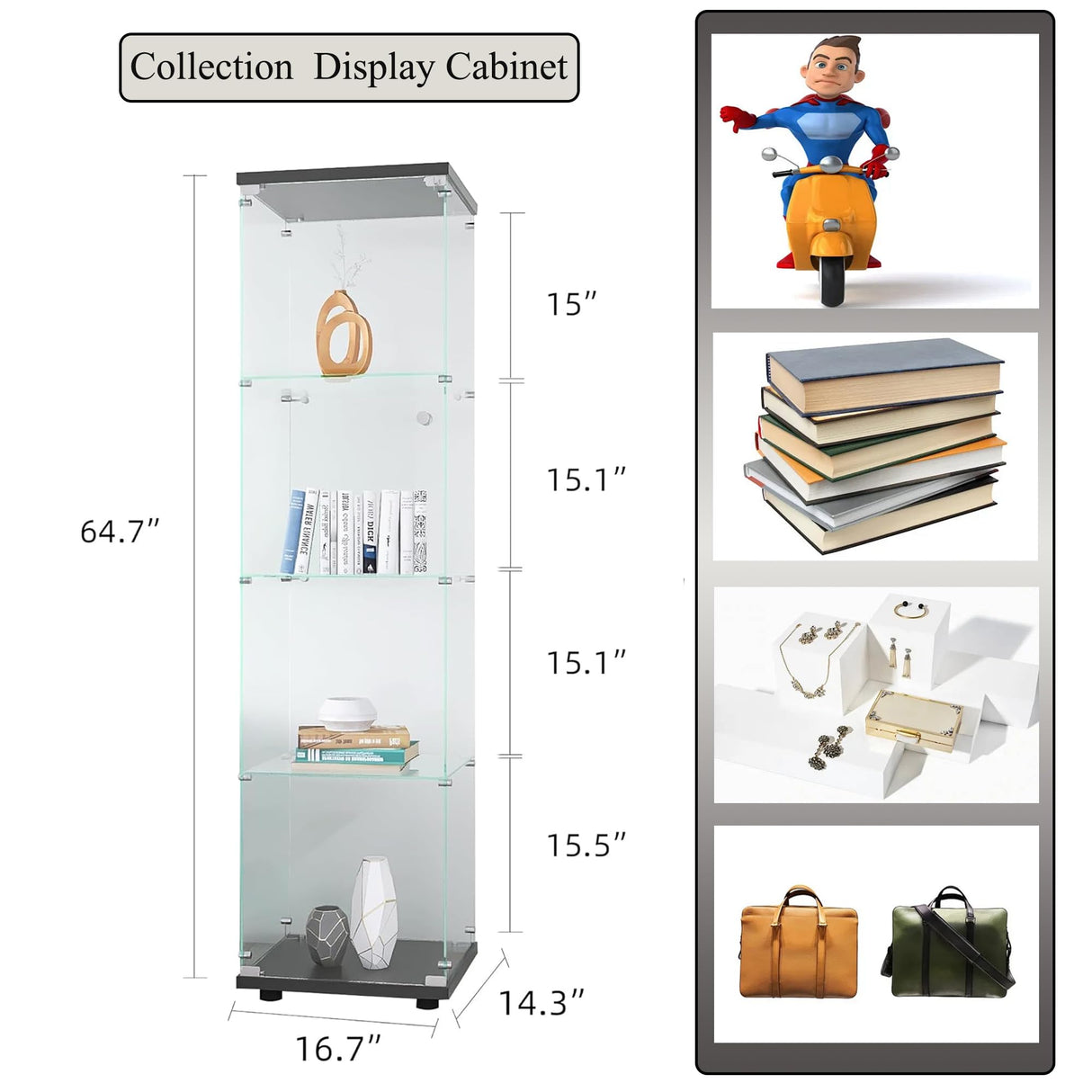 Shengrunner Frameless Glass Display Cabinet, Curio Cabinet with Lock and Glass Door, Floor Standing Showcase Display Shelf for Collectibles, Legos, Figures, Plants Shengrunner