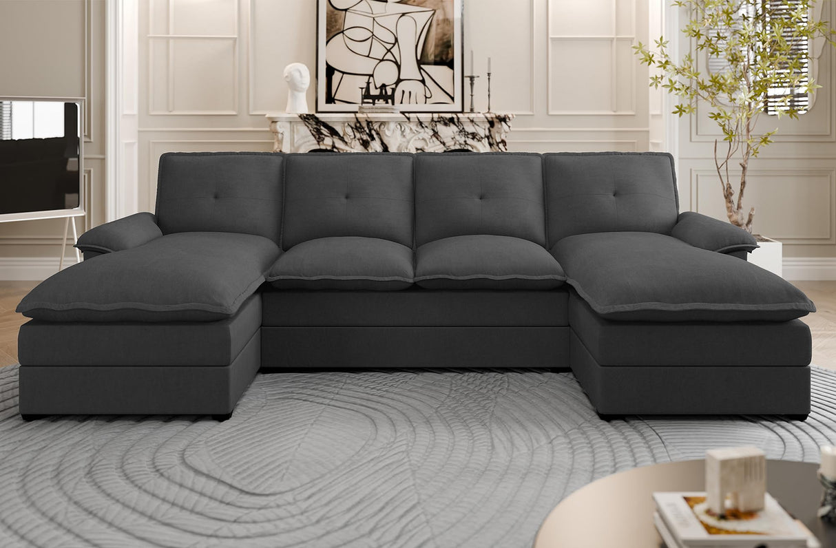 110" Sectional Couches for Living Room,U Shaped Big Sofa Couch with Double Chaise,Modern 4 Seat Modular Sofa Couches with Thick Cushion & Soft Backrest,Black Shintenchi