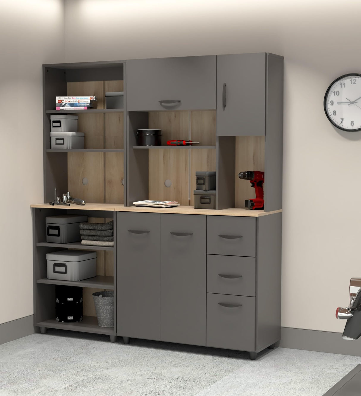 Inval Proforte 2-Piece Garage Storage Cabinet Set with 1 Large Cabinet, 3-Drawer Cabinet, Adjustable Shelves, Dark Gray/Maple Inval