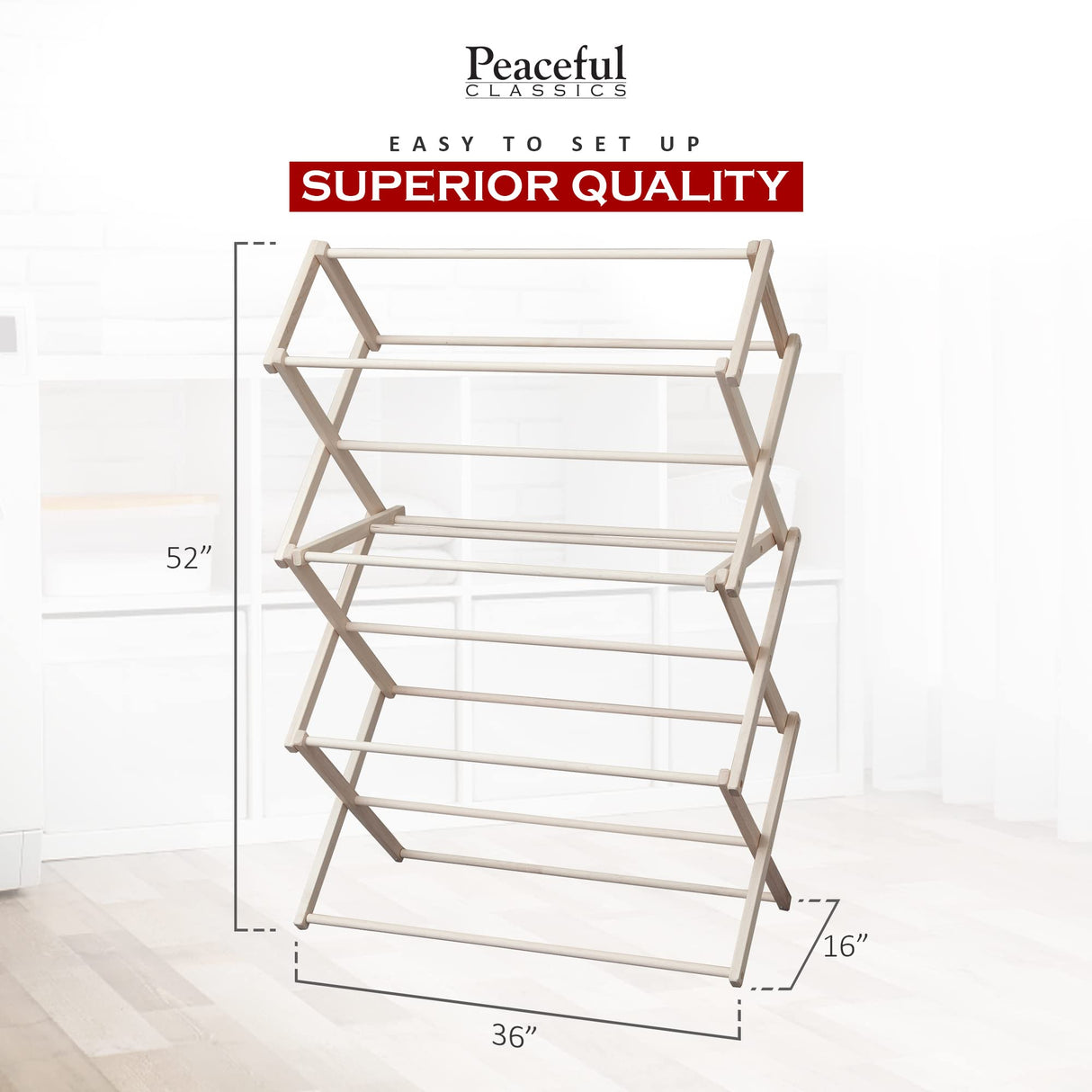 Peaceful Classics Wooden Laundry Rack - Amish Handmade Wooden Clothes Drying Rack - Foldable Drying Rack for Towel, Blanket, Linen Household Essentials - for Indoor Or Outdoor Use (52" x 36" x 16") Peaceful Classics