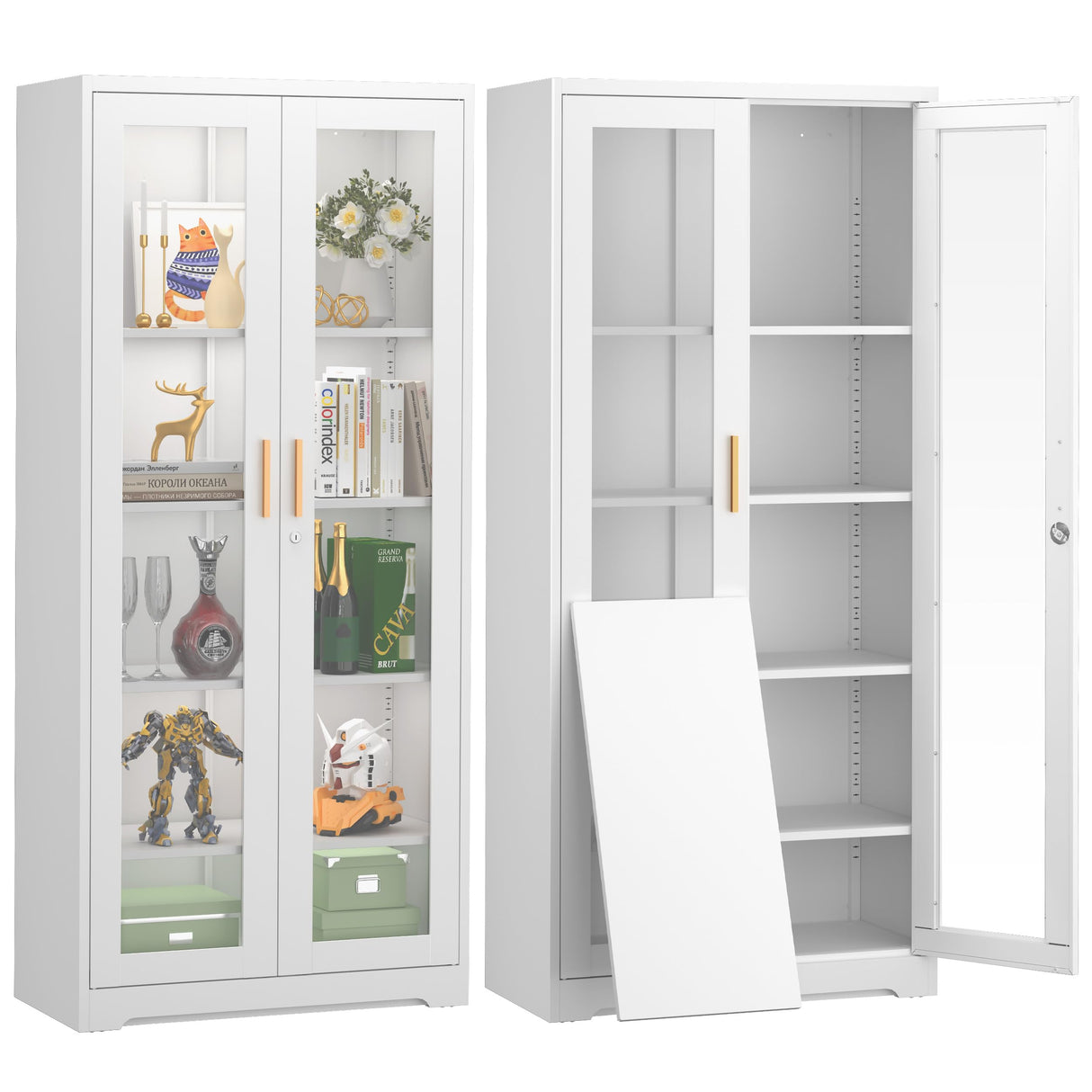 Glass Display Cabinet with Doors - White Metal Curio Cabinet with Lock Collectibles Storage Cabinet 71in Liquor Cabinet Retail Glass Display Cabinets with 4 Adjustable Shelves for Home Office TIMELESS PIECES
