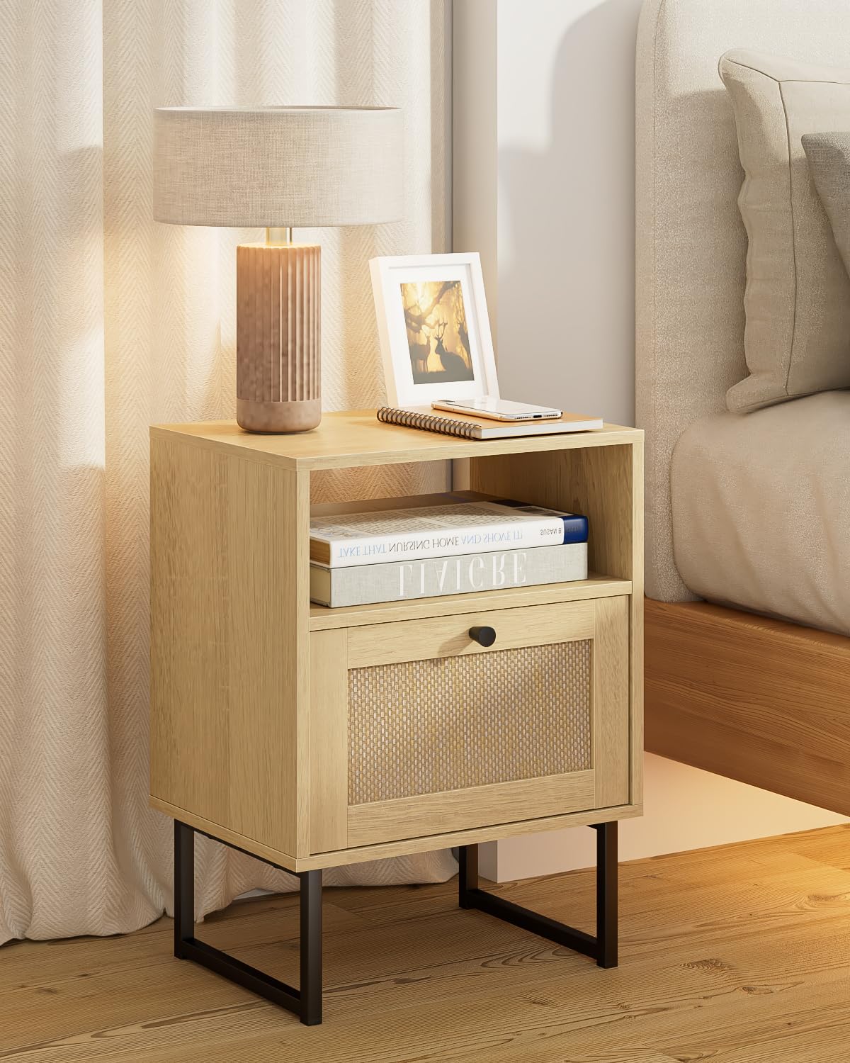 Acodaiuy Rattan Night Stand, Modern Boho Nightstand with Storage Drawer, Wood Bedside Table with Open Shelf, Side End Table for Bedroom,Living Room,Oak Acodaiuy