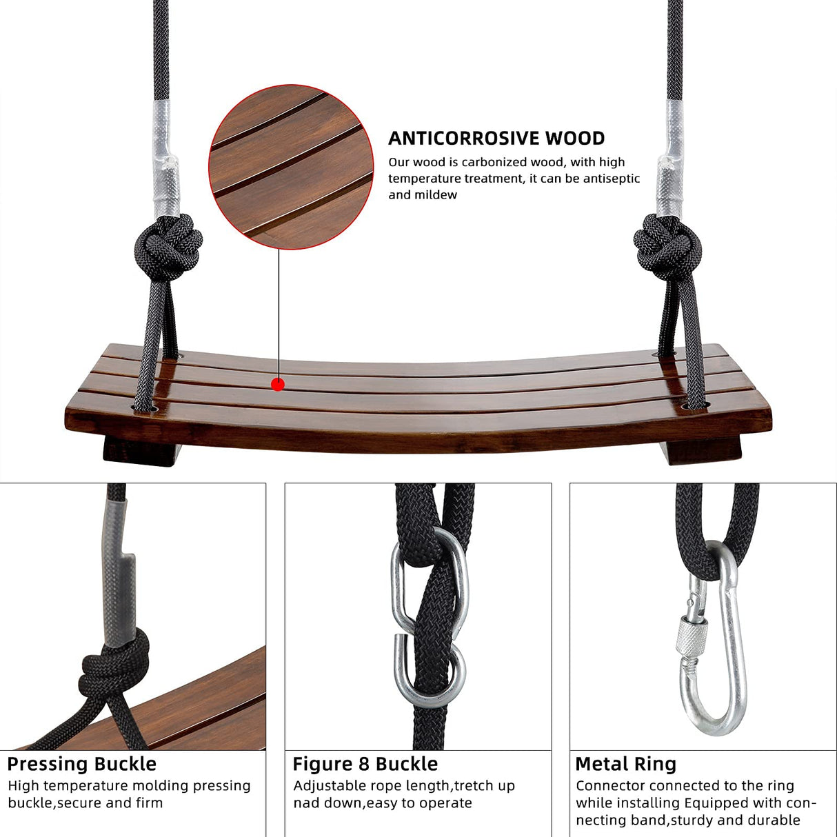 PELLOR Wood Swing Seat, Carbonized Hanging Wood Tree Swing for Adult Kids Children Anticorrosive & 100% Waterproof Wooden Swing Set 440lbs Load Indoor Outdoor Backyard Play PELLOR
