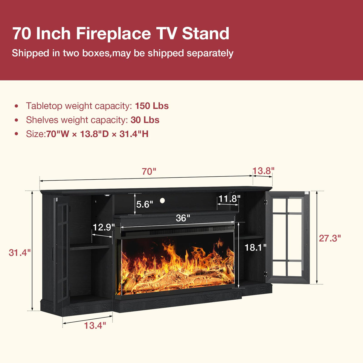 oneinmil 36 Inch 3-Sided Glass Fireplace TV Stand for TVs up to 80", Rustic Media Entertainment Center Console Table with Glass Door Closed Storage, Set of TV Table, Black oneinmil