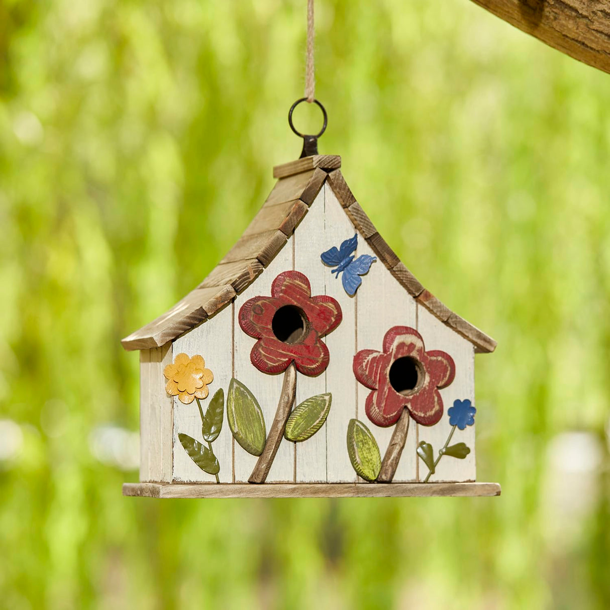 Glitzhome 10.75" L Distressed Solid Wood Birdhouse with 3D Flowers Rustic Two-Story Townhouse Hand-Painted Bird Houses for Garden Outdoors,Washed White glitzhome