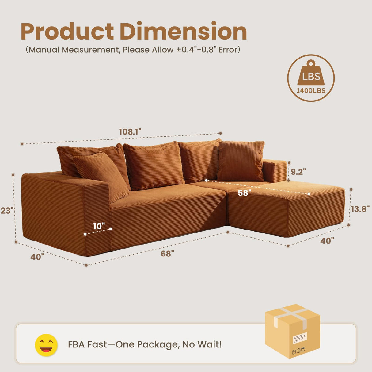 Modular Sectional Sofa, 108" L-Shaped Boneless Couch with Deep Seat, Corduroy Cloud Couch for Living Room, Bedroom, No Assembly Required, Ship in a Box, Orange RUMBALUXY