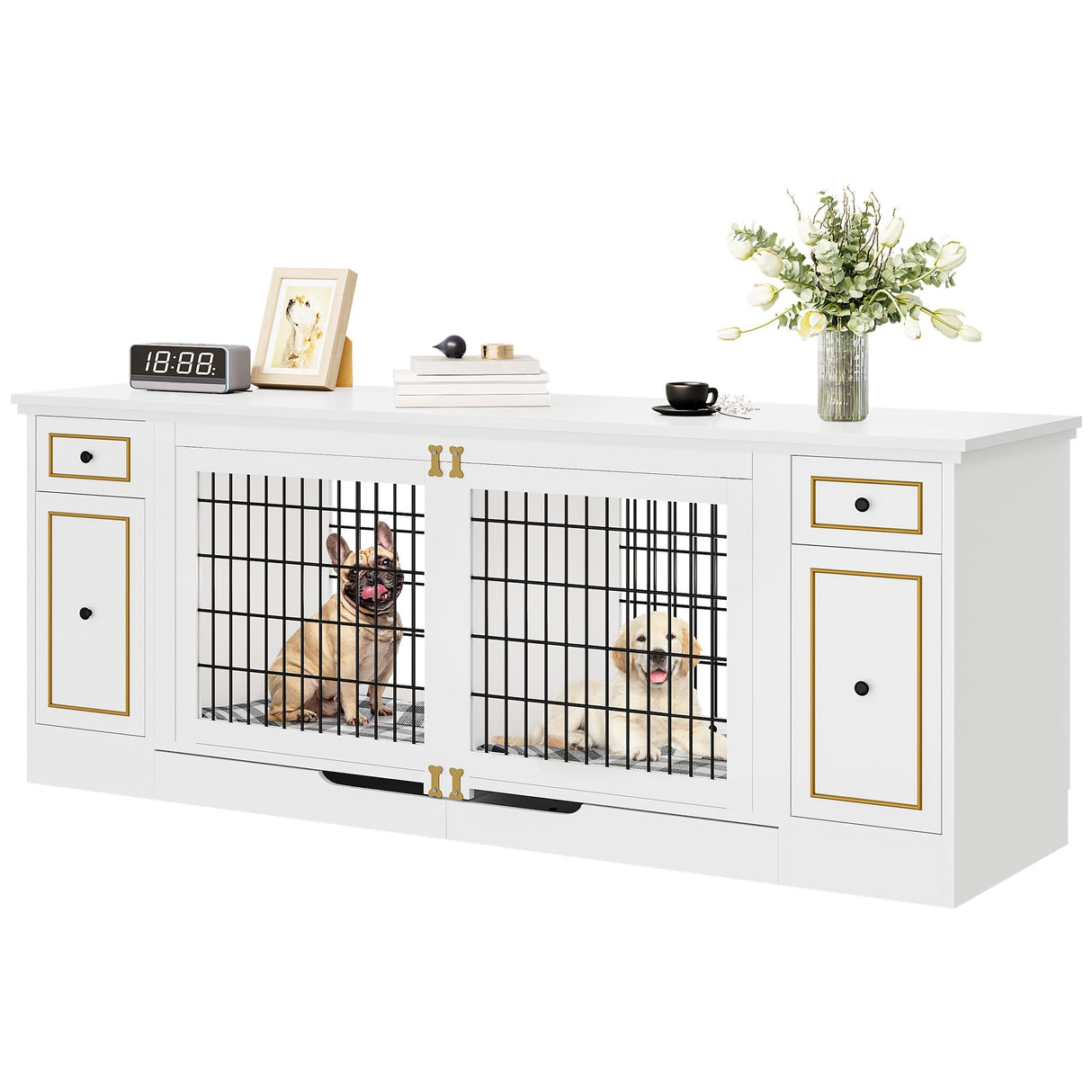 YITAHOME Double Dog Kennel Furniture with Tray, 79" Dog Crate Table with Storage for 2 Small/Medium Dogs, Indoor Wooden Dog House TV Stand, White YITAHOME