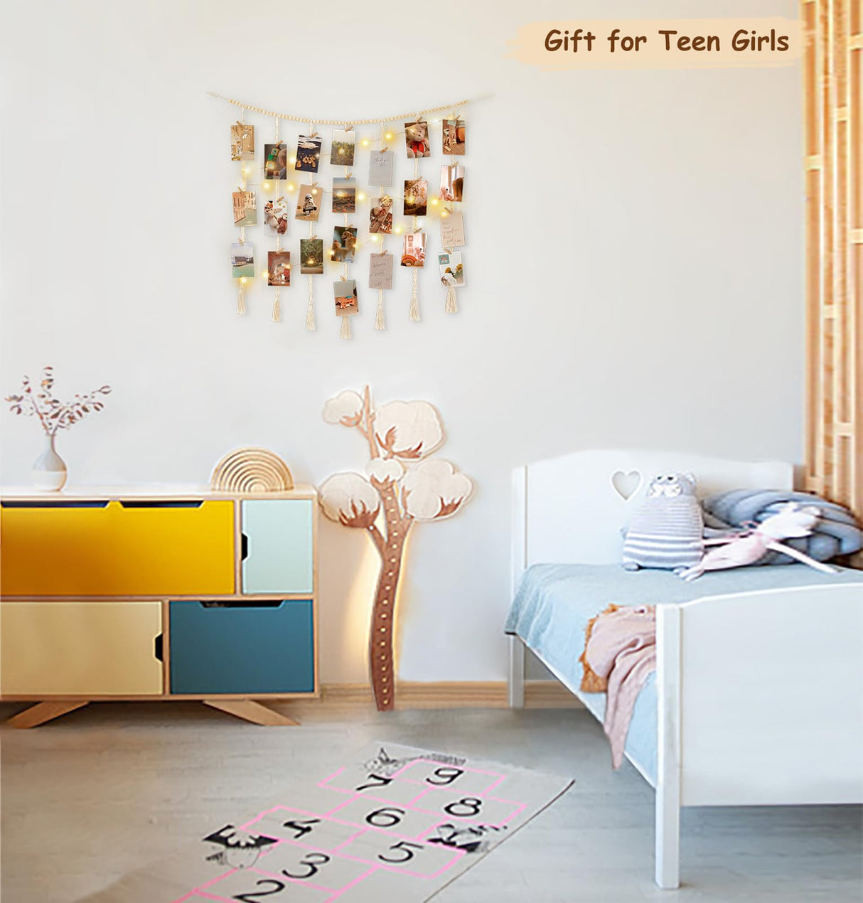 Mkono Macrame Hanging Photo Display Wall Decor with String Lights, Boho Wooden Beads Garland Collage Picture Card Frame Holder with 45 Clips for Bedroom Living Room Dorm, Teen Girls Christmas Gifts Mkono