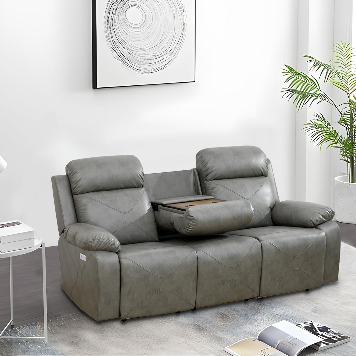 Leather Power Recliner Sofa Set with LED, Reclining Living Room Set, Power Recliner Couch and Loveseat with USB Port/Cup Holder/Storage (Leather Sofa and Loveseat, Light Grey) Plithzy