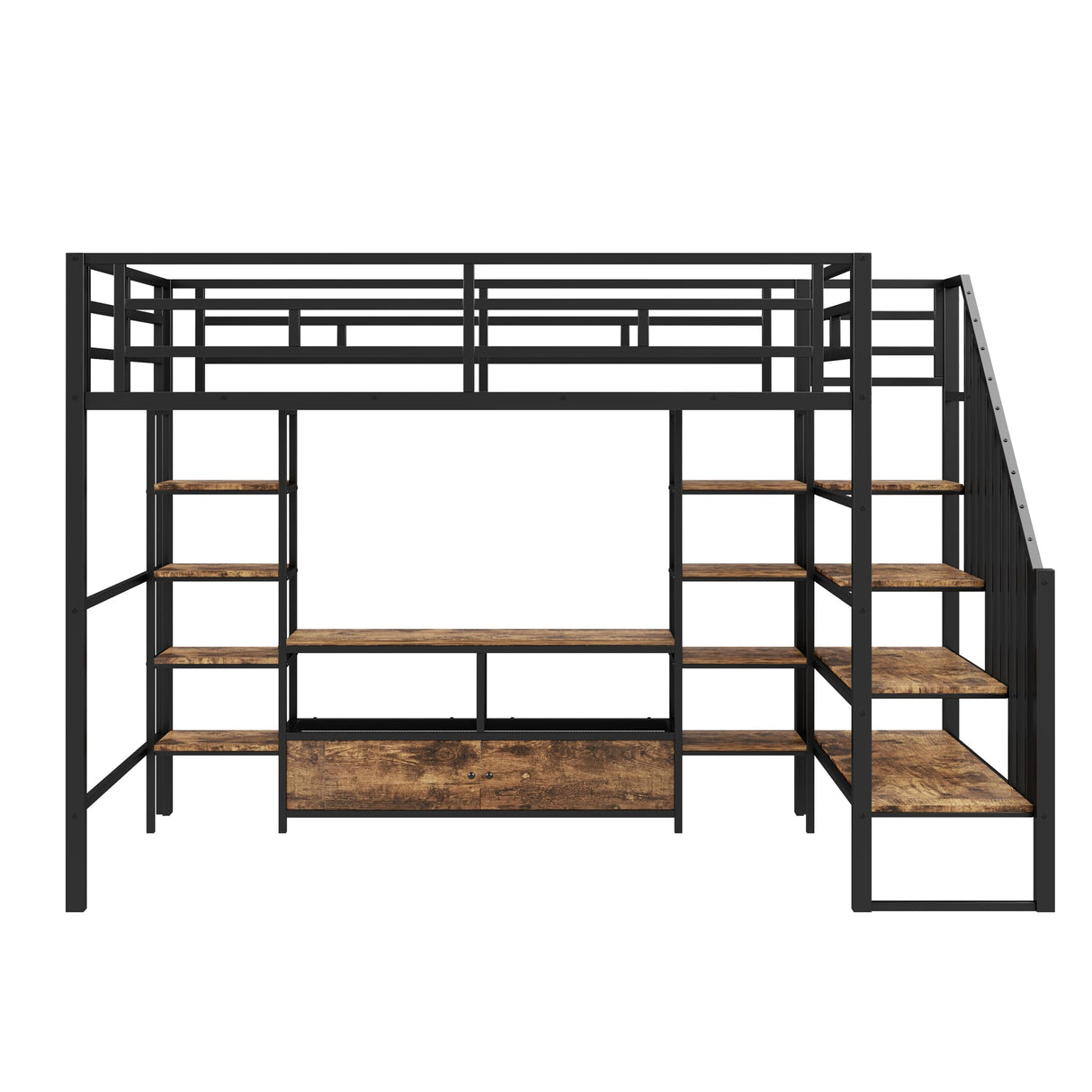 Ziraukon Full Size Metal Loft Bed with Staircase, Heavy Duty Bed Frame, Low Storage Table and Storage Shelves, Maximize Space Saving, Study and Multifunctional, Black Ziraukon