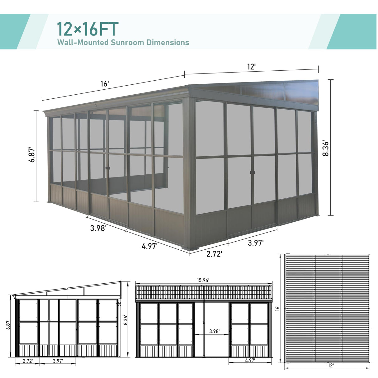 Domi 12x16FT Lean-to Sunroom, Wall Mounted Solarium with Galvanized Steel Sloping Roof, Moveable PVC Screen, Front Door&Side Sliding Door, Outdoor Permanent Gazebo Against Wall Sun Room for Patio Deck domi outdoor living
