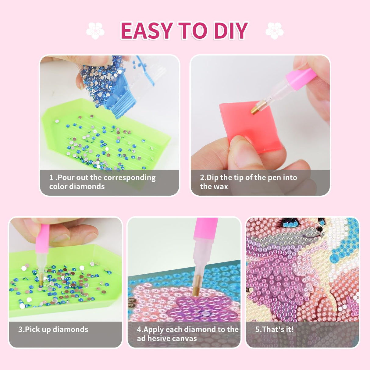 PERFECTSIGHT Cute 5D Diamond Art Kits, Kawaii DIY Painting Art for Adults Teen, 4 Pack Diamond Arts and Crafts Sets, Big Gem Full Drill Diamond Dots for Women (Panda+Kitty+Alpaca+Fox) PERFECTSIGHT