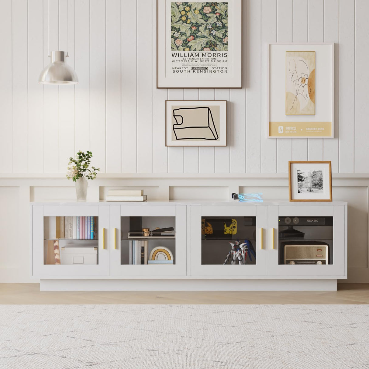 71 Inch TV Stand Modern Entertainment Center with LED Light, Glass Doors and Adjustable Storage Shelves Media Console TV Cabinet for Living Room Bedroom-White wonline