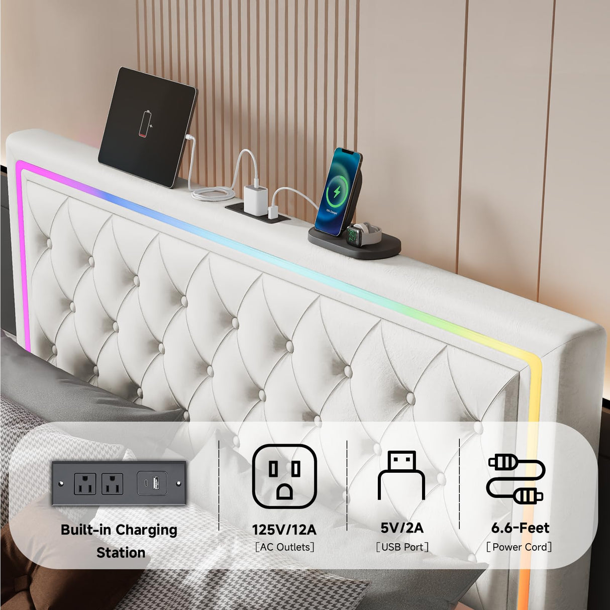 QFP LED Full Bed Frame with 4 Storage Drawers and Adjustable Headboard, Modern Velvet Upholstered Platform Bed Frame Full Size with Charging Station, Wooden Slats Support, No Box Spring Needed, White QFP