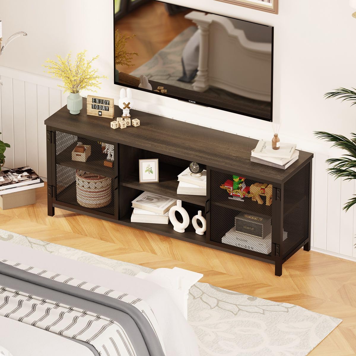 FATORRI Industrial Entertainment Center for TVs up to 65 Inch, Rustic Wood TV Stand, Large TV Console and TV Cabinet for Living Room (60 Inch Wide, Walnut Brown) FATORRI