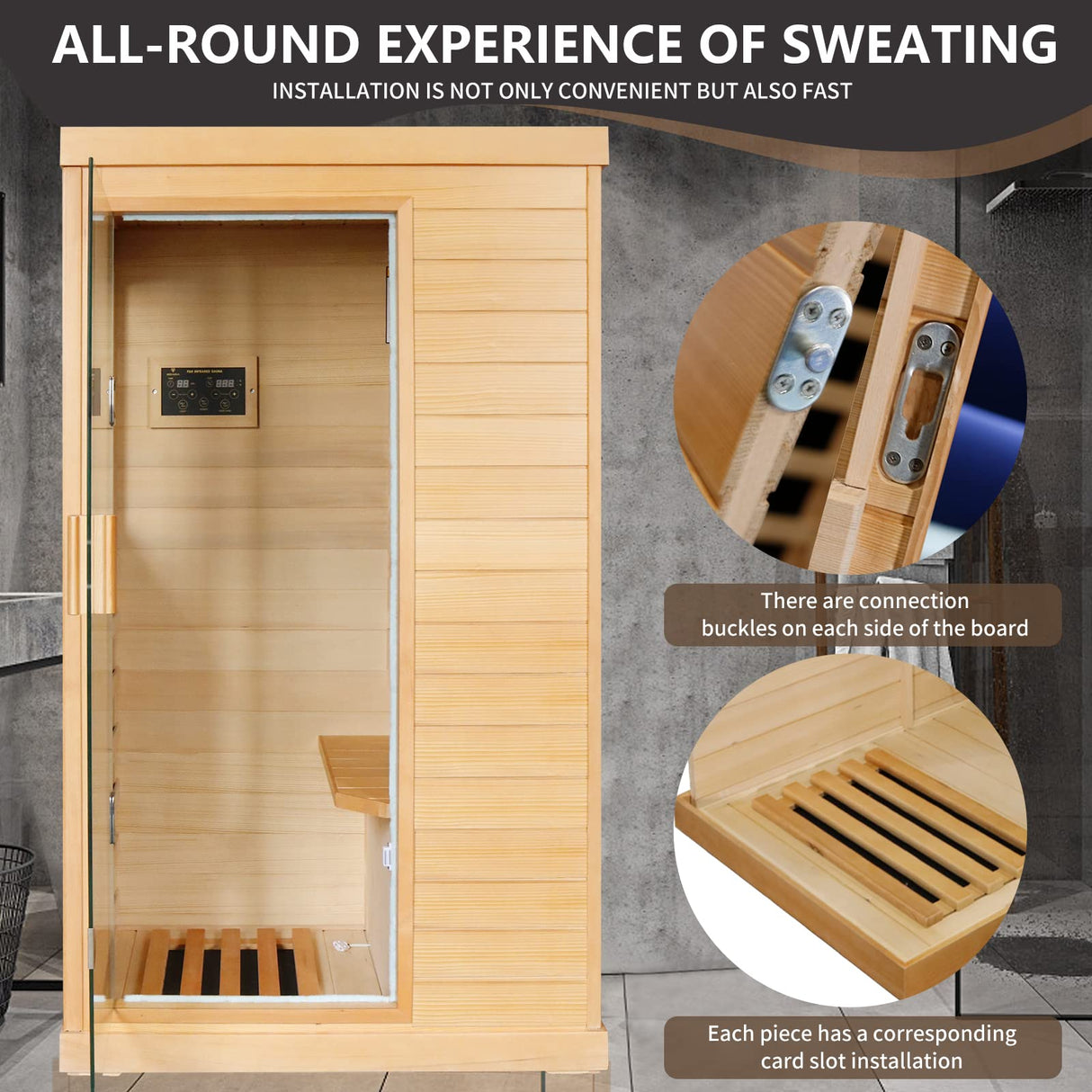 HAOYAYA Far Infrared Saunas with Control Panel and Tempered Glass Door Dry Sauna Bath 800W Low-EMF Home Sauna Spa Canadian Hemlock Wood Indoor Saunas Room Dimensions: 35.24 * 27.56 * 61.61 Inches HAOYAYA