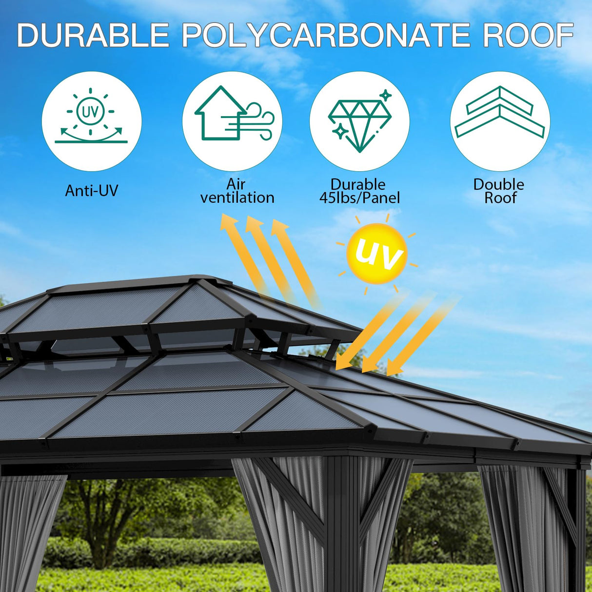 GAOMON 10x13ft Hardtop Gazebo, Outdoor Polycarbonate Double Roof Canopy, Aluminum Frame Permanent Garden Tent with Curtains and Netting for Patio, Lawns (Gray) GAOMON