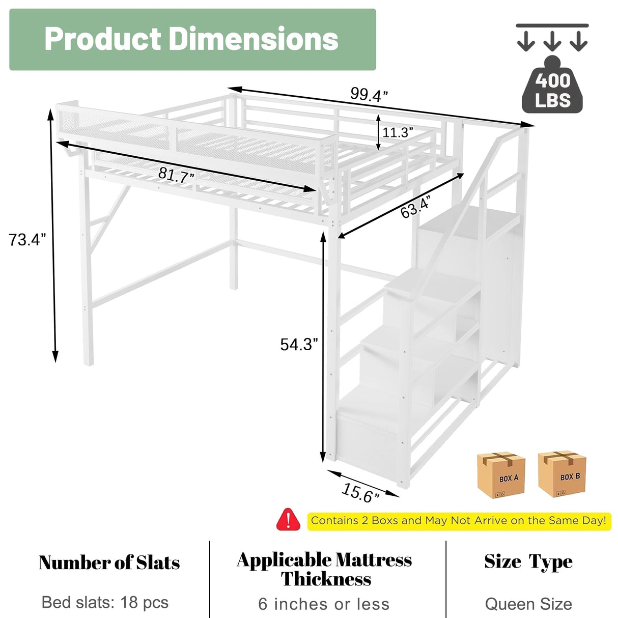 MoproBeti Queen Size Loft Bed with Stairs, Heavy Duty Metal Loft Beds Frame with Storage Shelf & Wardrobe, Tall LoftBed with Under-Bed Space for Adult Teens Junior,Space Saving Design,White MoproBeti