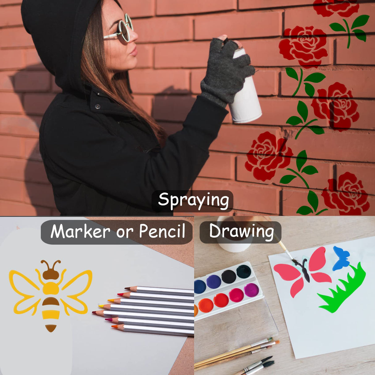 60 Reusable Flower Stencils for Painting on Wood and Canvas - Sunflower, Leaf, Rose, Bee, Bird Designs - 3x3 Inch Craft Stencils for Home Decor AIRIQI