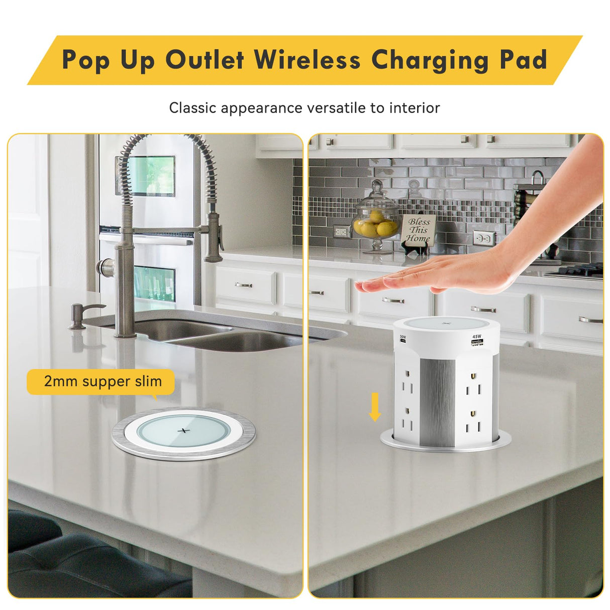 Kungfuking Pop Up Outlet for Countertop Kitchen, 15W Wireless Charger, 75W USB C Counter Top Electrical Power, 8 Outlets & 4 USB Ports, 4"Hole Recessed Popup Outlet for Island Conference Table Office Kungfuking