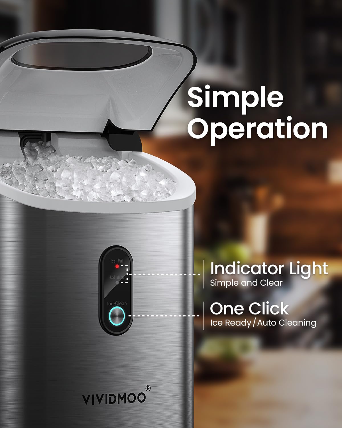 VIVIDMOO Nugget Ice Maker Countertop, 34lbs/24H Pebble Ice Machine, Self-Cleaning Sonic Ice Maker with Basket & Scoop, Compact Pellet Ice Maker for Home/Office/Kitchen/RV/Party, Stainless Steel Vividmoo