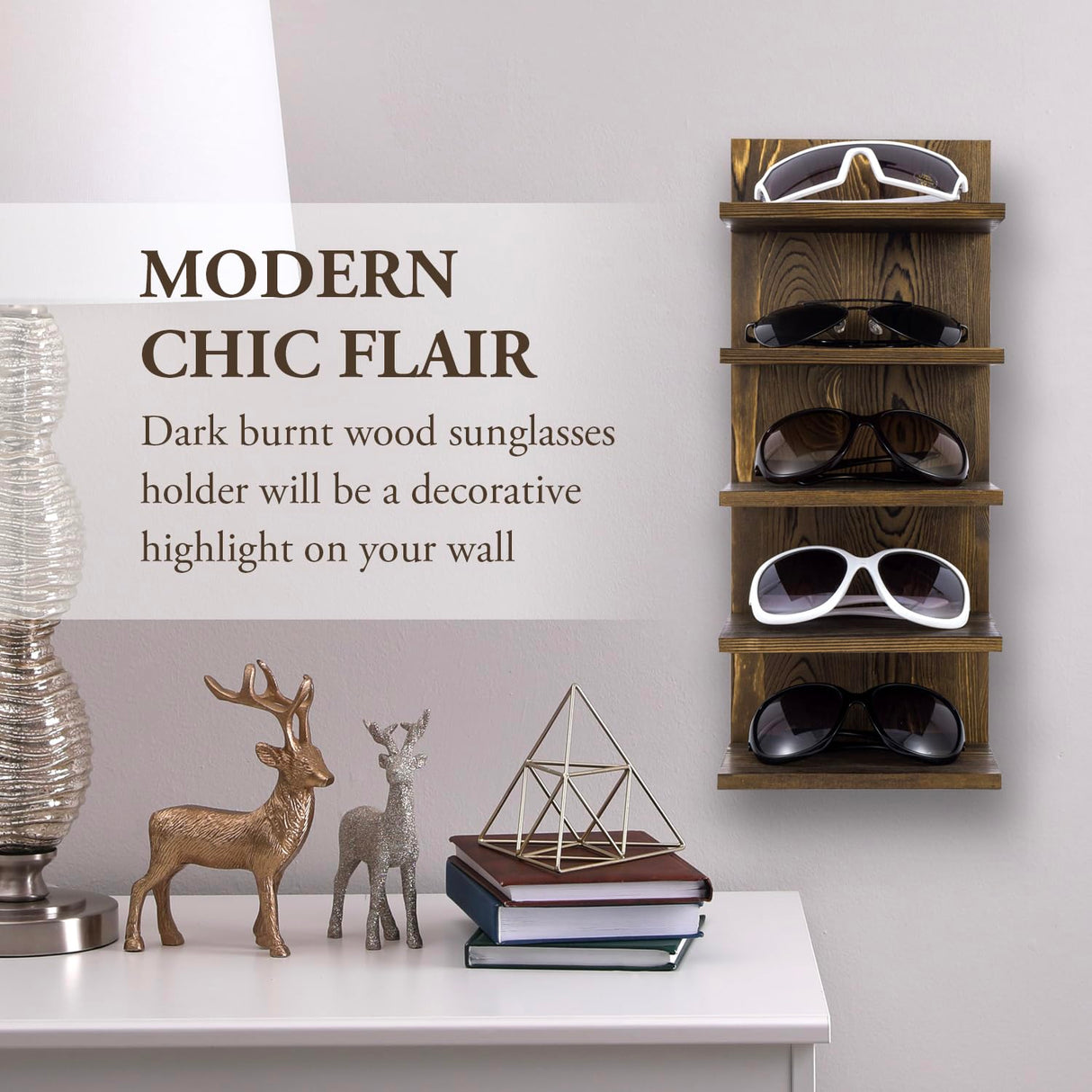 MyGift 5 Tier Rustic Burnt Solid Wood Sunglasses Holder Rack, Wall Mounted Eye Glasses Shelf or Tabletop Display Stand, Retail Eyewear Showcase Storage Organizer MyGift