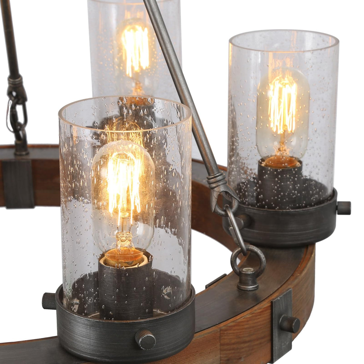 LNC Farmhouse Chandelier, Wood Round Wagon Wheel 6-Light Fixture with Seeded Glass Shades for Dining & Living Room, Bedroom, Kitchen and Foyer LNC