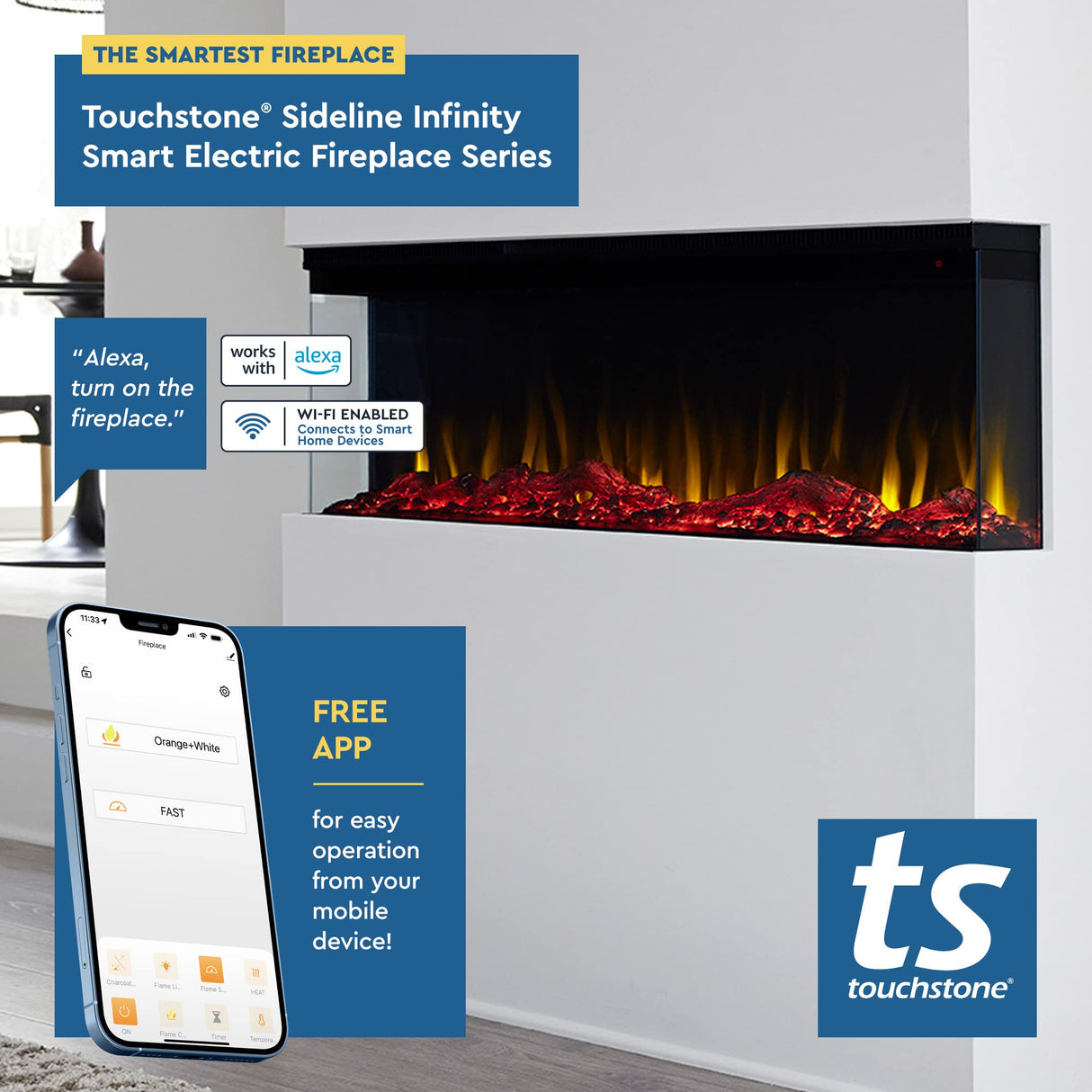 Touchstone Sideline Infinity 3-Sided Smart 72-inch WiFi-Enabled Electric Fireplace - 80051 - Built-in - 60 Color Combinations - 1500/750 Watt Heater (68-88°F Thermostat) - Black - Log & Crystals Touchstone