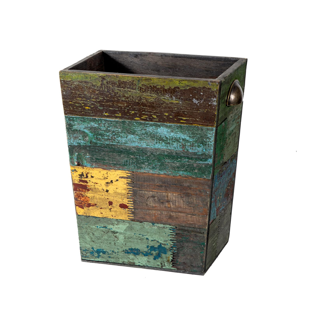 TIMRIS Small Wood Trash Can Wastebasket, Farmhouse Rectangular Garbage Can Waste Basket, Rustic Distressed Boho Wooden Trash Recycling Bin with Metal Handles, Reclaimed Wood Storage Basket (Random) TIMRIS
