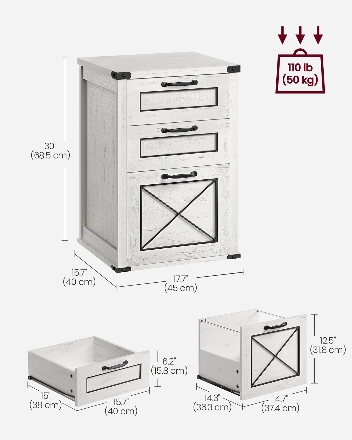 VASAGLE File Cabinet, Filing Cabinet with 3 Drawers, Printer Stand, Fit A4, Letter Size, Hanging File Folders, Modern Farmhouse Style, for Home Office, Rustic White UOFC054T73 VASAGLE