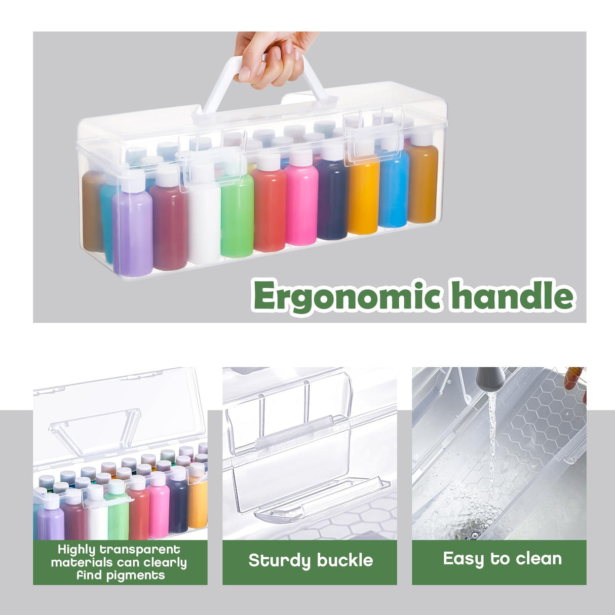 Threehoney 3 Pcs Paint Storage Box for 2 Fl. oz Acrylic Paints, Acrylic Portable Craft art Organizer with Handle, 30 Bottles Capacity Plastic Art Supply Clear Boxes Threehoney