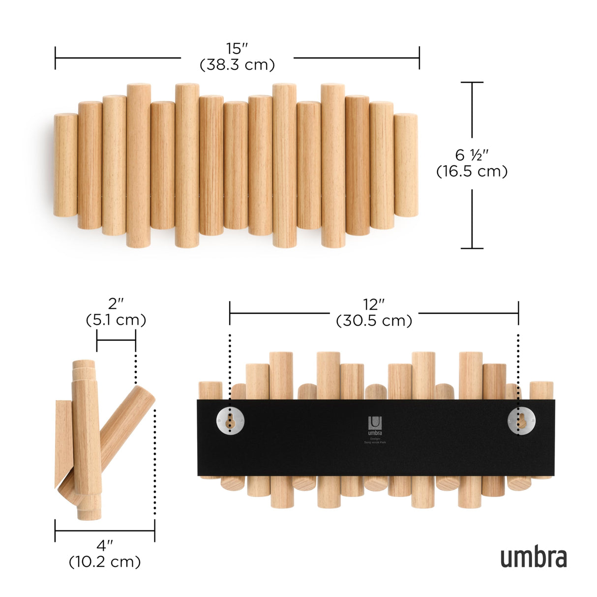 Umbra Picket 5 Hooks, Wall-Mounted Rail, Doubles as Art, Beveled Pine Wood Dowels, Natural Finish Umbra