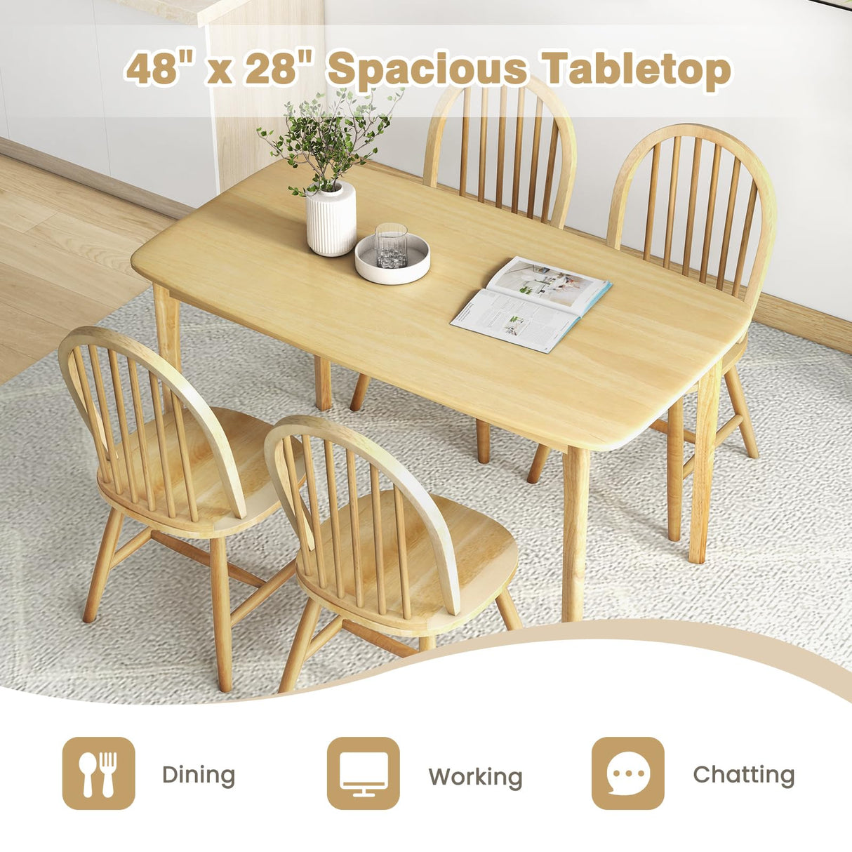 Giantex 48" L Wooden Dining Table Set for 4, 5PCS Rectangular Kitchen Table Set w/Rubber Wood Supporting Legs, Farmhouse Dinner Table & 4 Windsor Giantex
