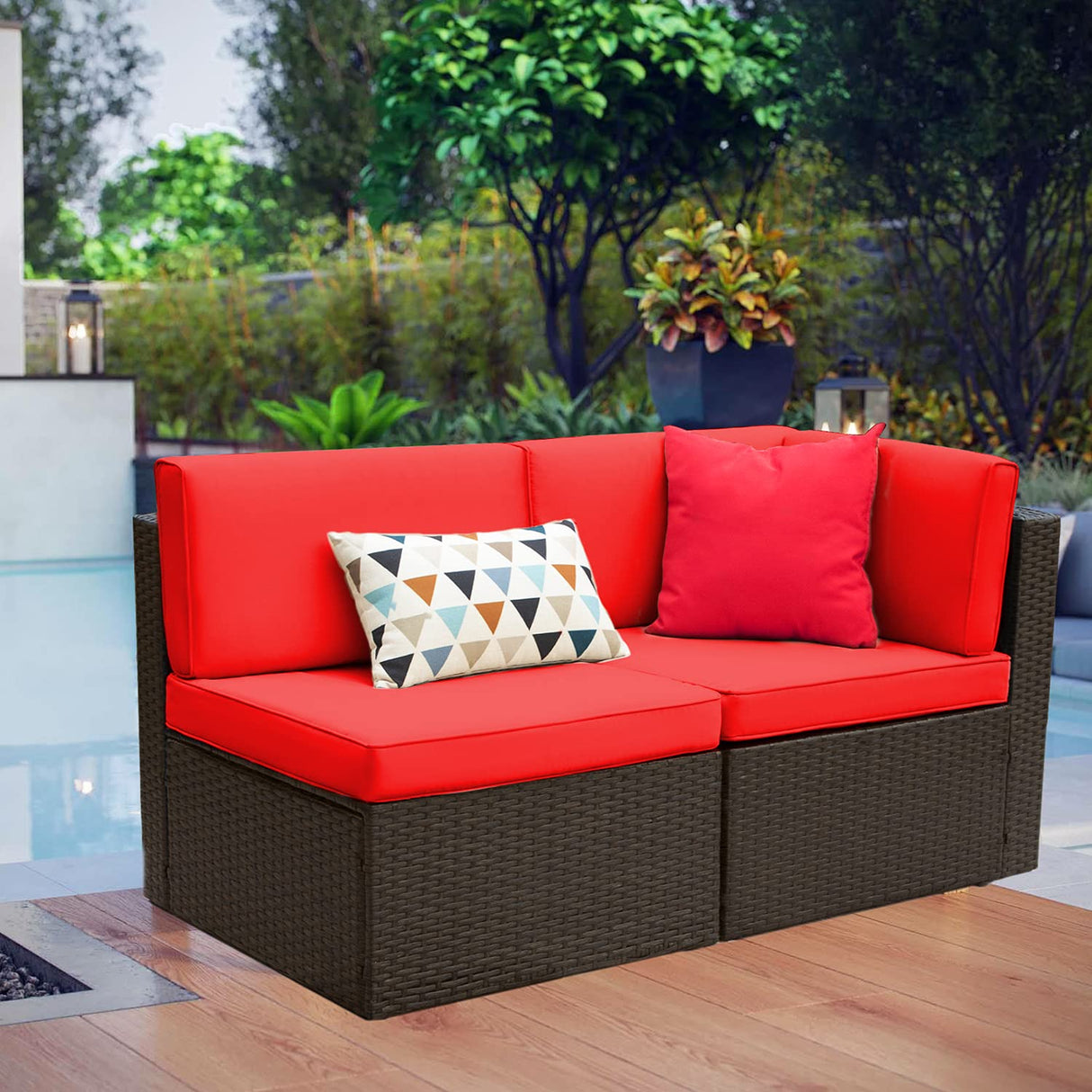 Devoko 2 Pieces Patio Furniture Sofa Sets Outdoor All-Weather Sectional Corner Sofa and Armless Sofa (Red) Devoko