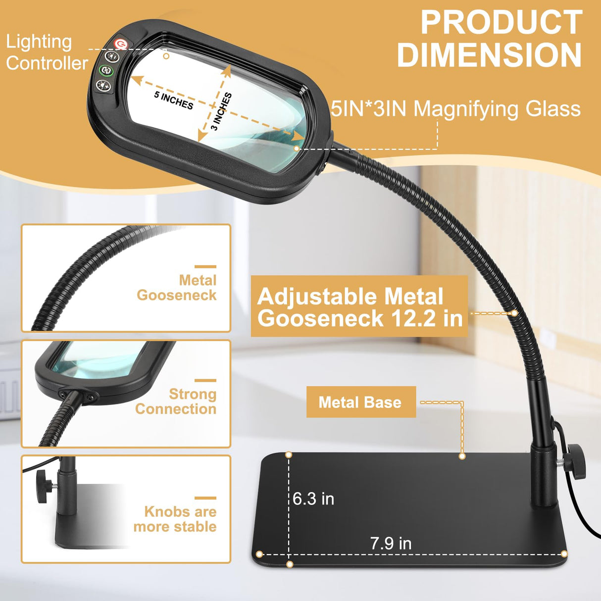 Veemagni 10X Rectangle Magnifying Glass with Light and Stand, Flexible Gooseneck LED Lighted Desk Lamp, 5 Color Modes Stepless Dimmable, Hands Free Magnifier for Reading Crafts Painting Close Work Veemagni