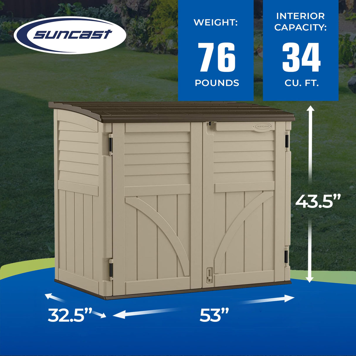 Suncast Horizontal Shed, Compact Outdoor Storage System, 34 Cu. Ft. Capacity, Sand & Slate - Lockable Multi-Wall Resin Organizer for Garbage Cans, Garden Tools, Bins, Bikes and Yard Equipment Suncast