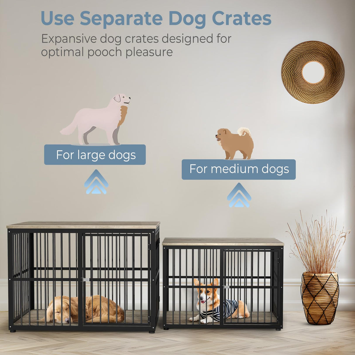 Lyromix 43'' Dog Crate Furniture with 3 Doors, XL Wooden Crate End Table, Heavy Duty Indoor Puppy Cage Kennel for Medium to Large Dogs, Multiple Units Can be Combined Lyromix