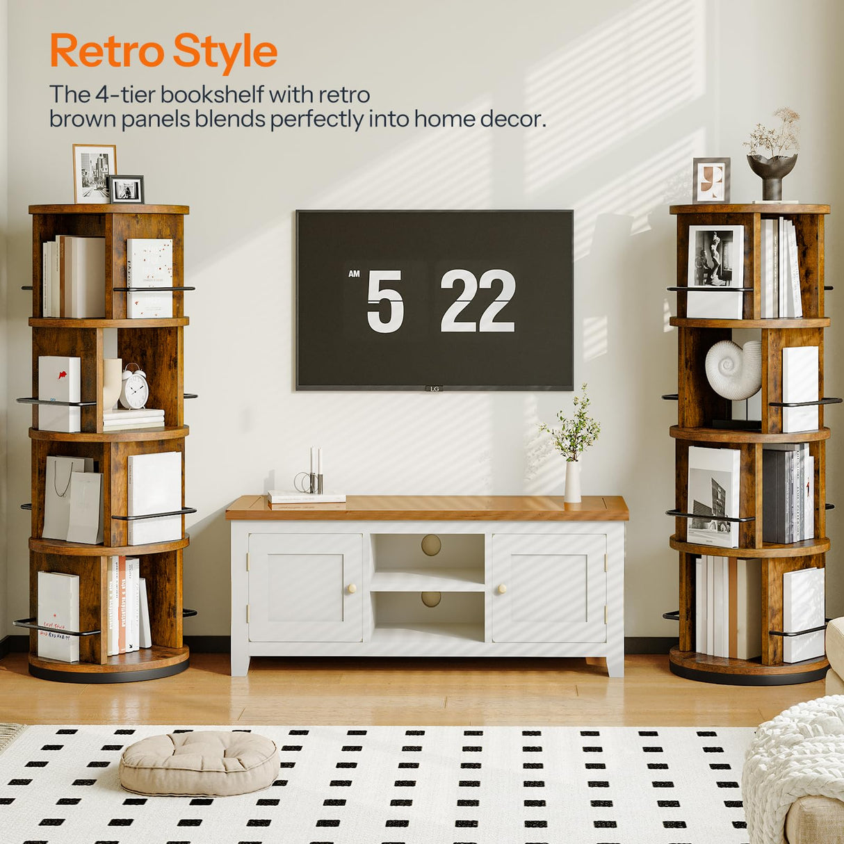 HOOBRO Rotating Bookshelf, 360° Spinning Bookshelf for Small Spaces, 4-Tier Floor Standing Bookcase Storage Rack, Wooden Corner Bookcase for Living Room, Study, Office, Rustic Brown and Black FG54SJ01 HOOBRO