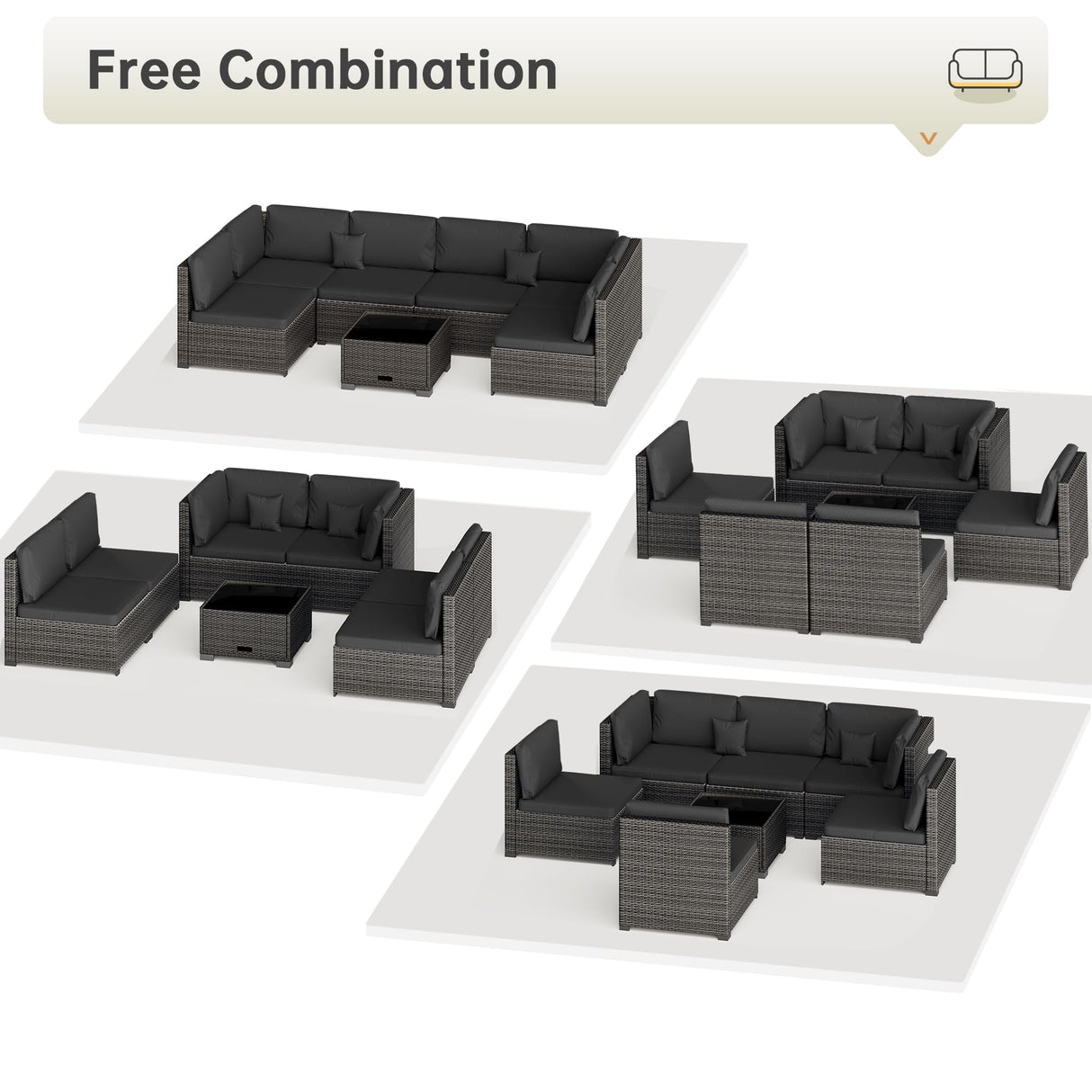 LHBcraft 7 Piece Patio Furniture Set, Outdoor Furniture Patio Sectional Sofa, All Weather PE Rattan Outdoor Sectional with Cushion and Glass Table, Clips LHBcraft