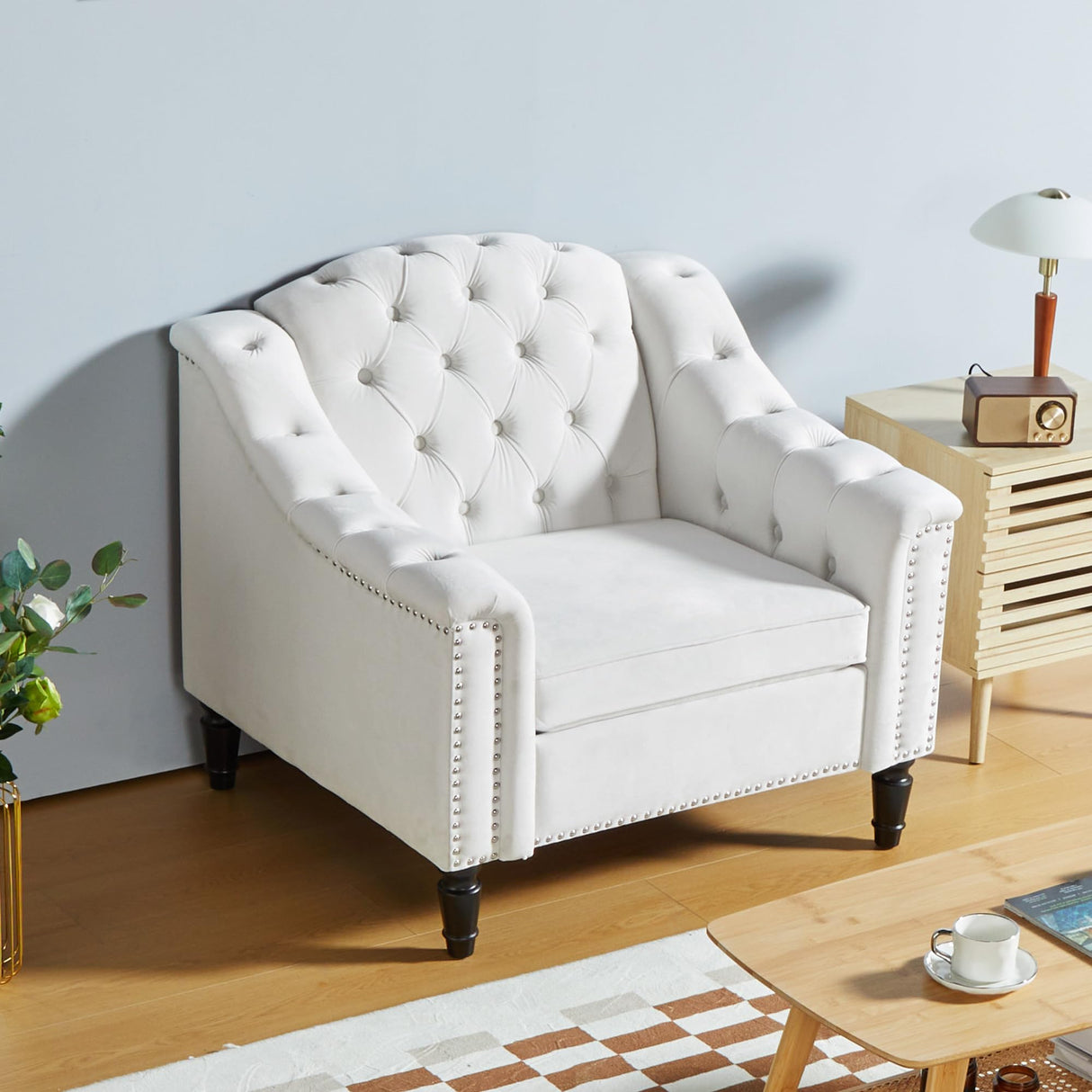 SUJOUCRAFT Chesterfield Camelback Chair & Loveseat, Living Room Soft Fabric Sofa Couch Set, Mid-Century Elegant Sectional Couches with Deep Seat Tufted Backrest (Velvet-Camelback-1+2, White) SUJOUCRAFT