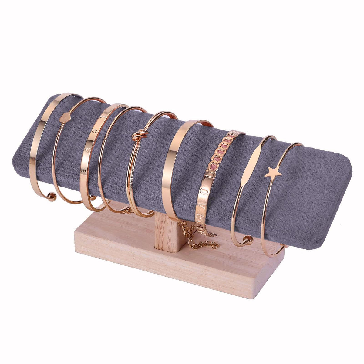 Wooden Watches Display tower Base Watch Necklace Bracelet Organizer Rack Bangle Scrunchie Headband Showcase tower (Dark Grey Suede, Flat single-layer) RQQM