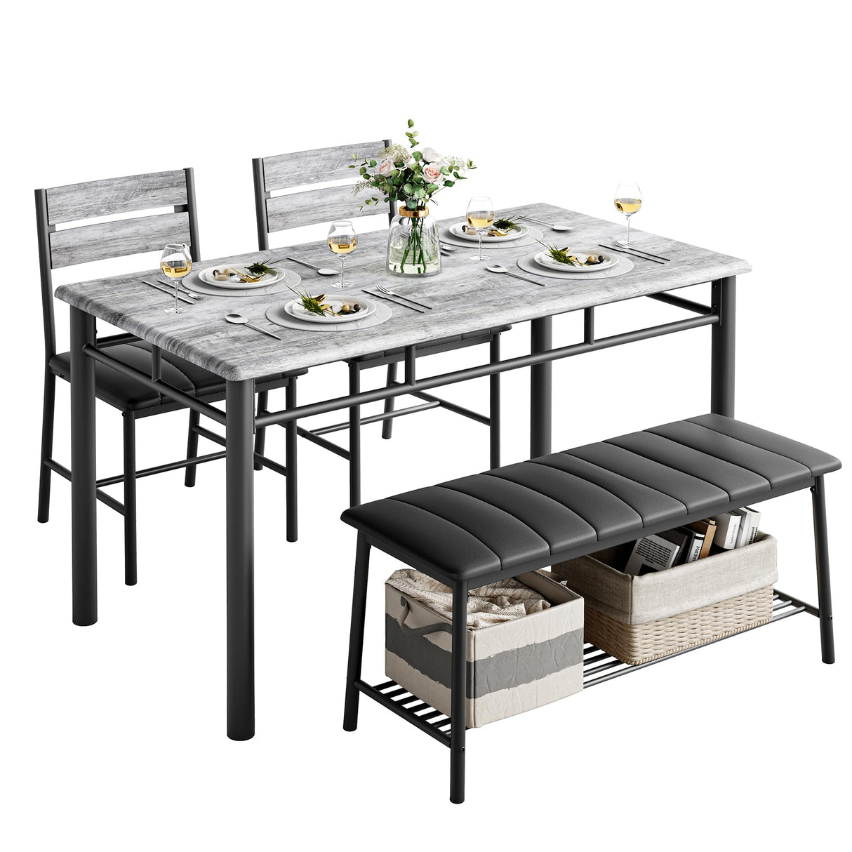 IRONCK Dining Table Set for 4, Kitchen Table with Upholstered Bench and 2 Chairs, Kitchen Table and Chairs Set for Small Space, Apartment, Gray IRONCK