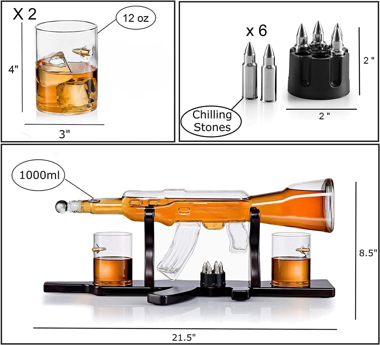 Gun Large Whiskey Decanter Set Bullet Glasses and Bullet Chilling Stones on Rifle Shaped Rich Wood Classic Mahogany Base Tray - Gift Packaging - for Liquor Scotch Bourbon - Gift for Him - By Bezrat Bezrat