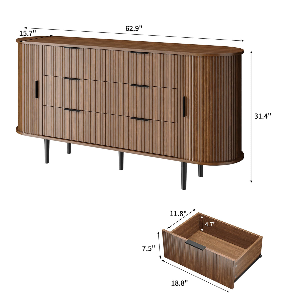 BVIUNTWO Fluted 6 Drawer Dresser, 63" Wide Modern Chest of Drawers with Metal Handle, Curved Edge Design, Wood Storage Credenza Cabinet for Bedroom,Living Room, Brown BVIUNTWO