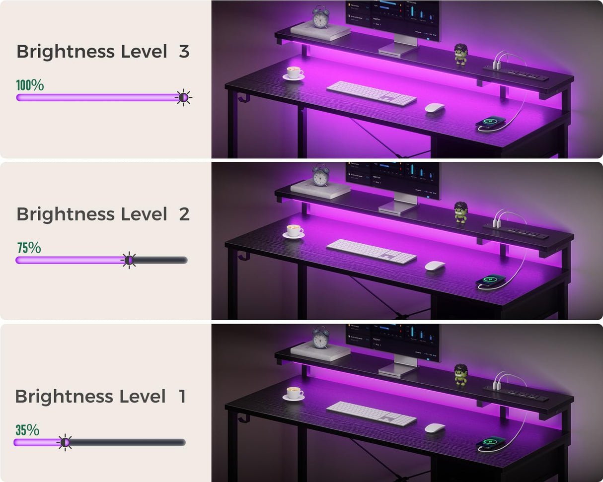 AODK Gaming Desk with LED Lights & Power Outlet, 55 Inch Computer Desk with Drawer, Reversible Desk with Adjustable Monitor Shelf & Headphone Hook for Home Office, Black AODK